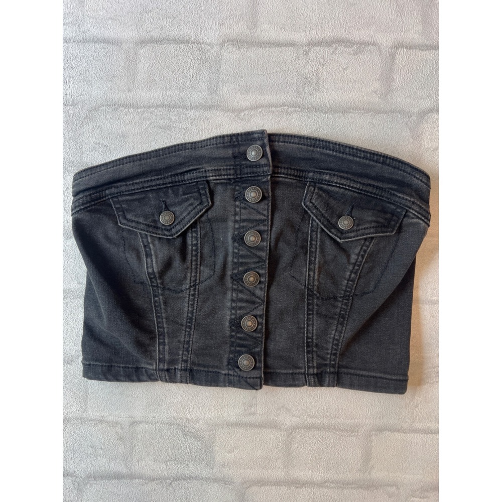 American Eagle Womens Black Denim Tube Top Button Front Strapless Crop Small